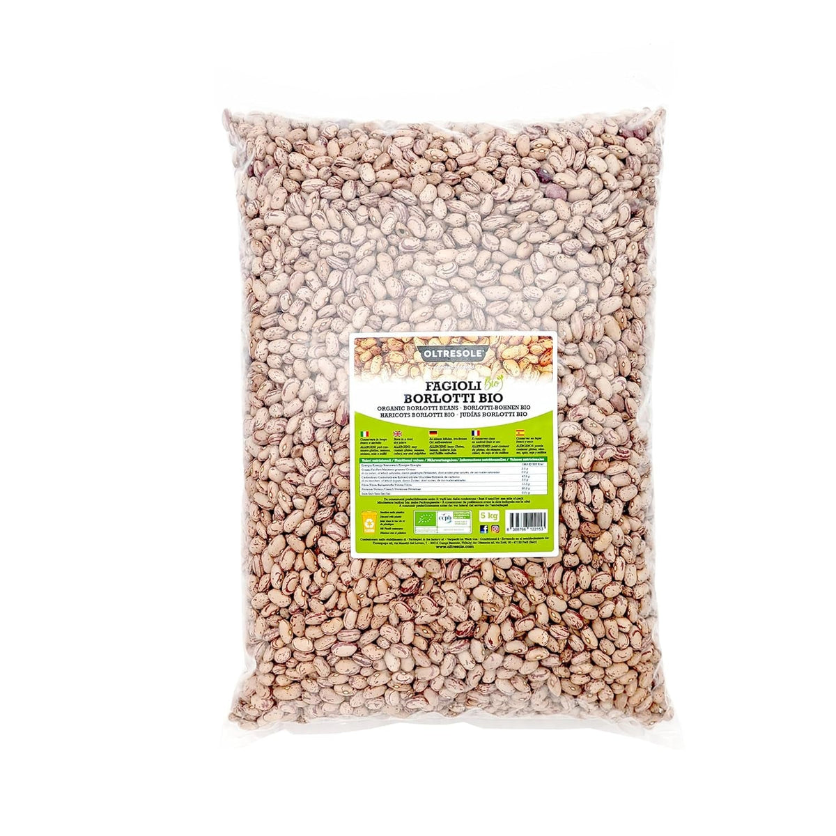 Fasole Borlotti organică 5 kg, Leguminoase organice uscate din culturi controlate, Ideale pentru salate, supe și garnituri, Format convenabil