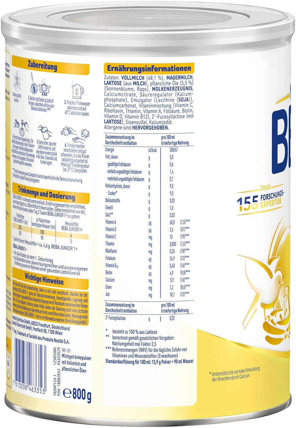 Băutură cu lapte BEBA Junior 1+ de la 1 an, Cu HMO, Conținut de proteine adaptat vârstei, Numai lactoză, Fără ulei de palmier, Fără ulei de pește, Hrană pentru copii mici, Lapte praf pentru bebeluși, Pachet de 6 (6 x 800g)