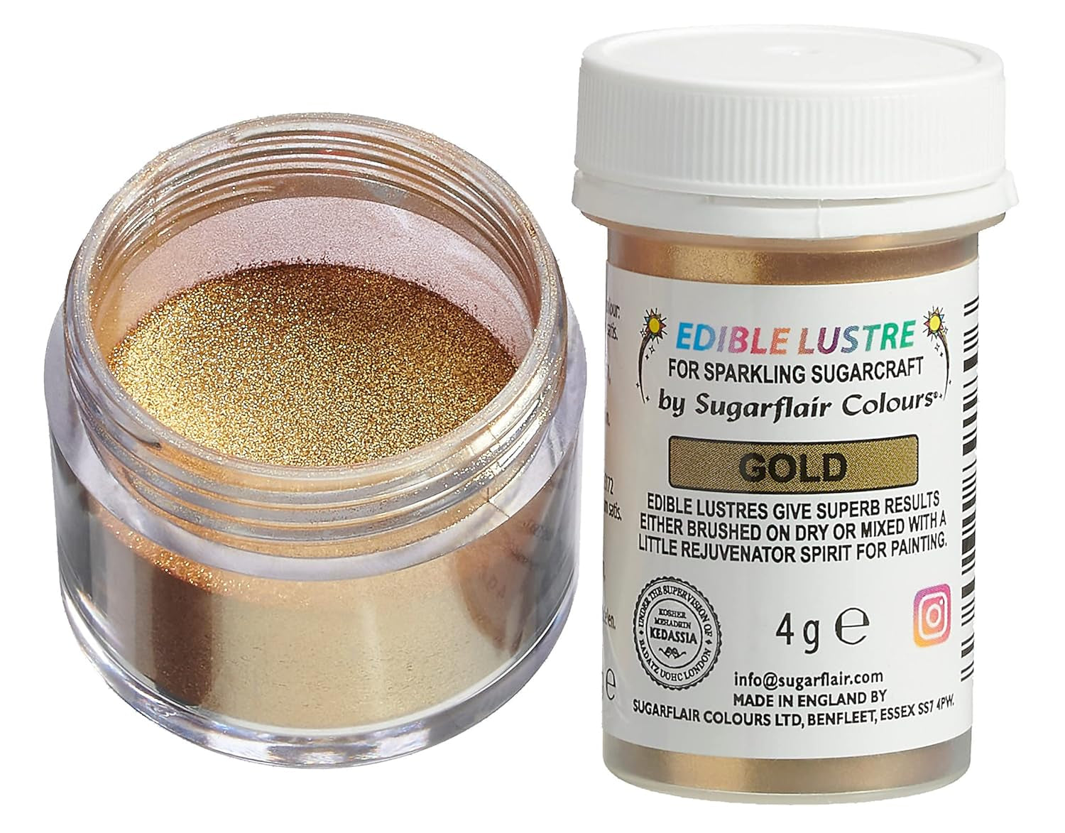 Colorant alimentar comestibil Sugarflair, auriu - Pudră de luciu alimentar pentru prăjituri, brioșe, ciocolată, produse de patiserie, deserturi, înghețată, băuturi, cocktailuri și multe altele - 4g
