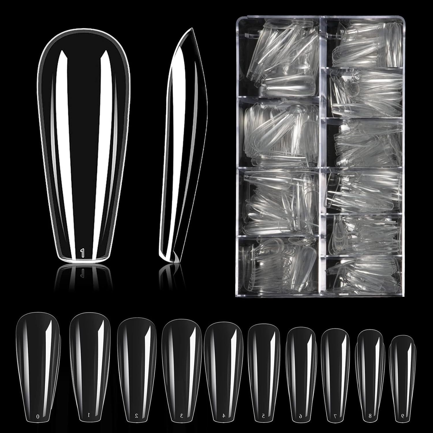 Tipuri de unghii, 500 bucăți de vârfuri de unghii false acrilice artificiale cu cutie de depozitare pentru saloane de unghii și nail art DIY acasă, 10 dimensiuni