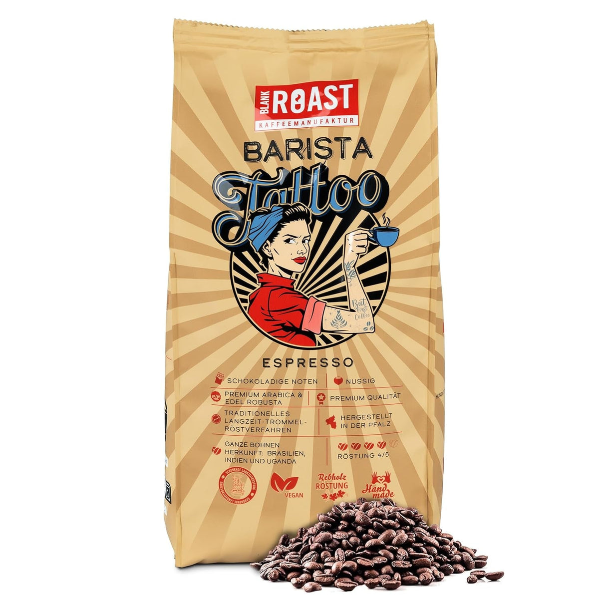 BLANK ROAST - Barista Tattoo Espresso - 1000g - im Langzeit Trommel-Röstverfahren geröstet - Bohnen aus den besten Anbaugebieten - Premium Arabica & Edel Robusta - schokoladig & nussig - säurearm
