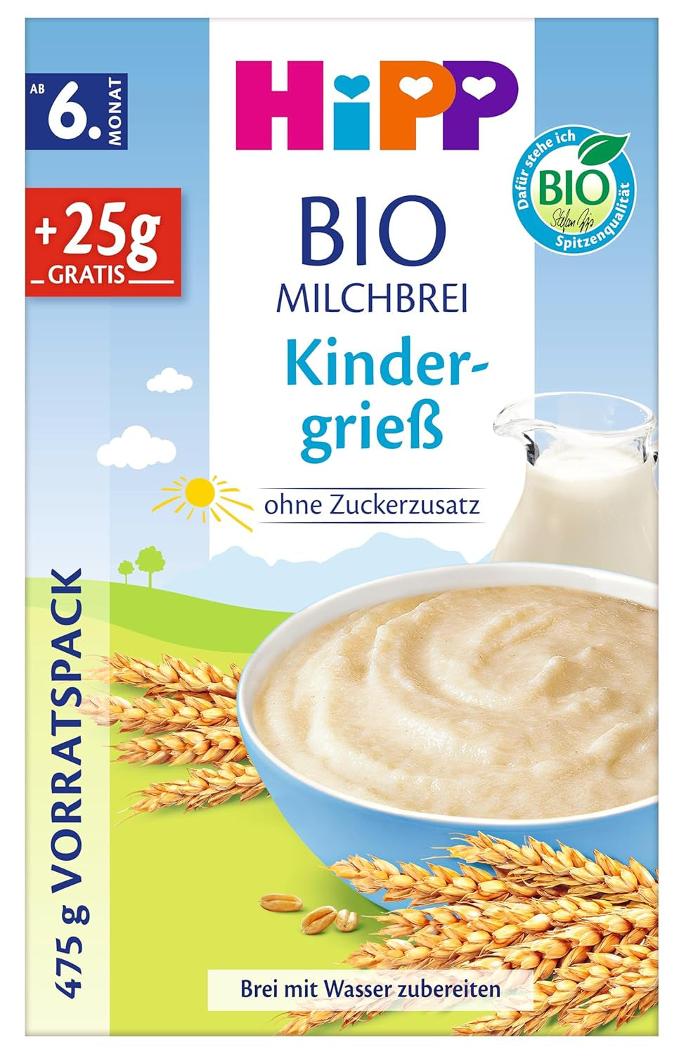 Griș de terci de lapte organic HiPP pentru copii (4 x 475 g), de la 6 luni, fără zahăr adăugat, delicat cu burtica bebelușului, de cea mai bună calitate organică