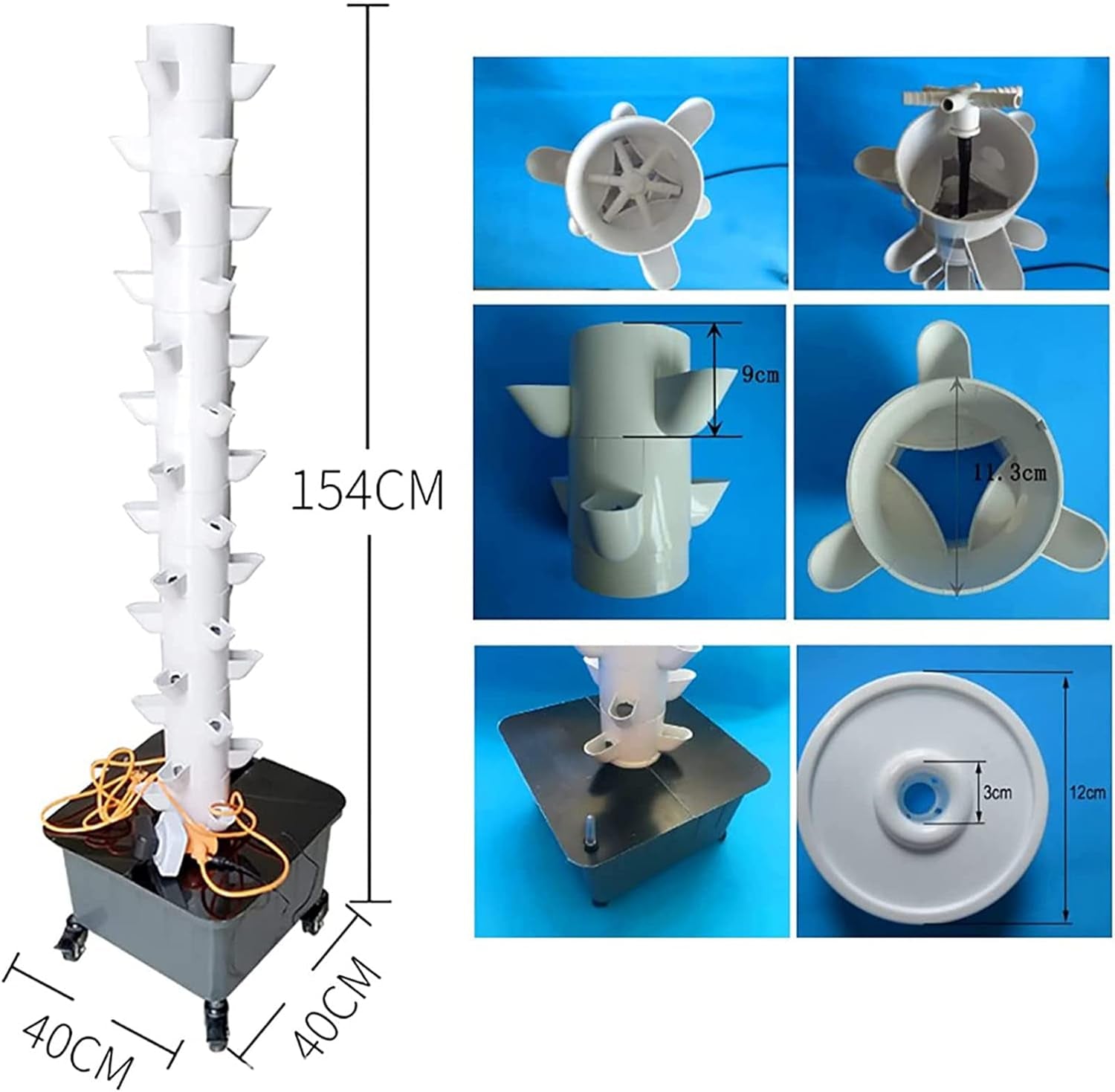 Turn hidroponic, sistem acvaponic de ceară cu 15 niveluri și 45 de găuri, kit de creștere aeroponică pentru grădină, fără sârmă, pentru ierburi, fructe și legume cu pompă de hidratare, adaptoare, ghivece din plasă