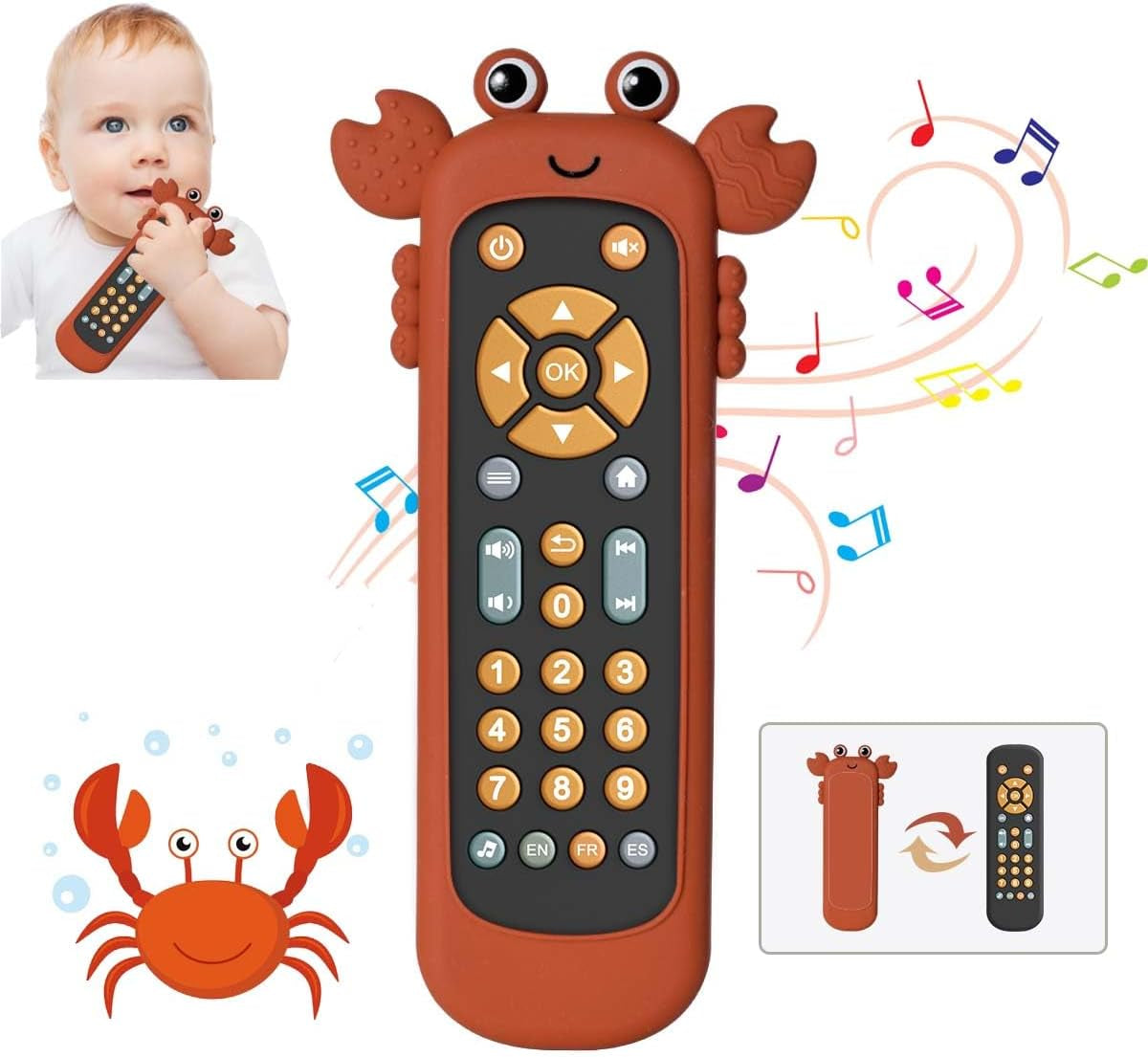 Jucărie telecomandă pentru bebeluși cu lumină și muzică, inel de dentiție din silicon moale, covoraș drăguț pentru târâre, joc muzical realist cu telecomandă în 3 limbi, jucărie educațională timpurie pentru copii de peste 6 luni