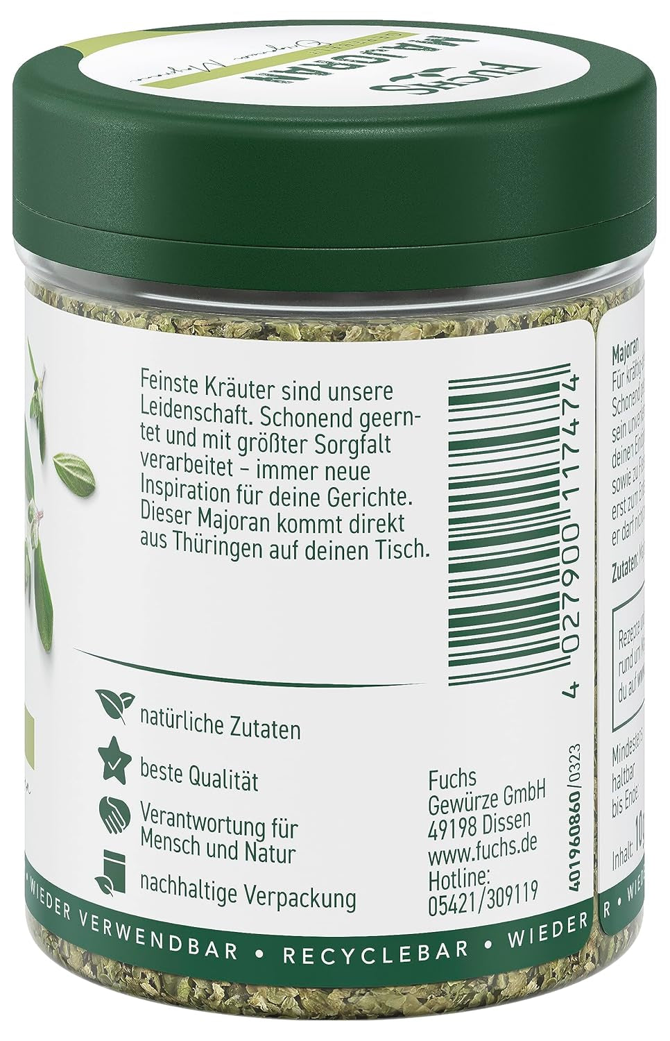 Fuchs Gewürze - Majoran gerebelt - zum Würzen von Kartoffelgerichten, Fleischgerichten oder Eintöpfen - natürliche Zutaten - 10 g in wiederverwendbarer, recyclebarer Dose