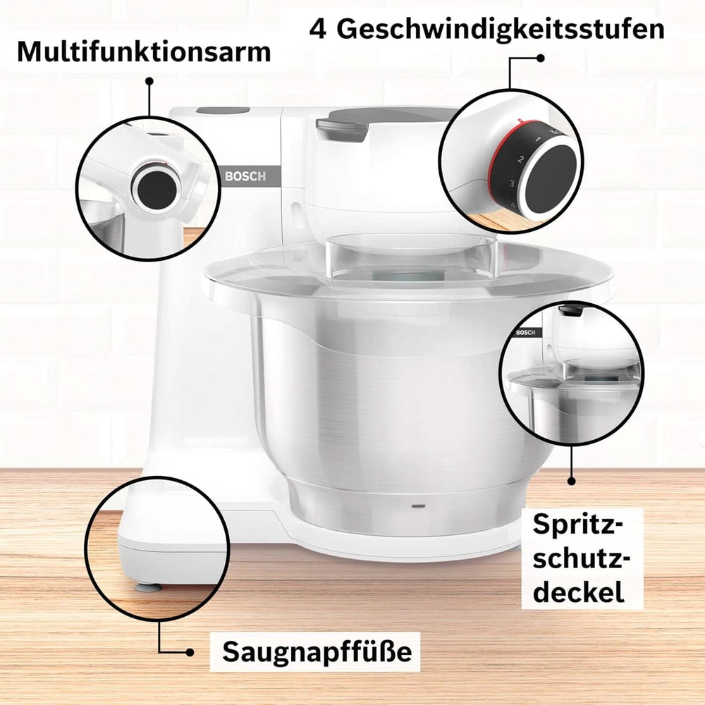Bosch Küchenmaschine Serie 2 MUMS2EW00, Edelstahl-Schüssel 3,8 L, Planetenrührwerk, Knethaken, Schlag-, Rührbesen Edelstahl, 4 Arbeitsstufen, Durch Optionales Zubehör Erweiterbar, 700W, Weiß Bucatarie Naty Shop