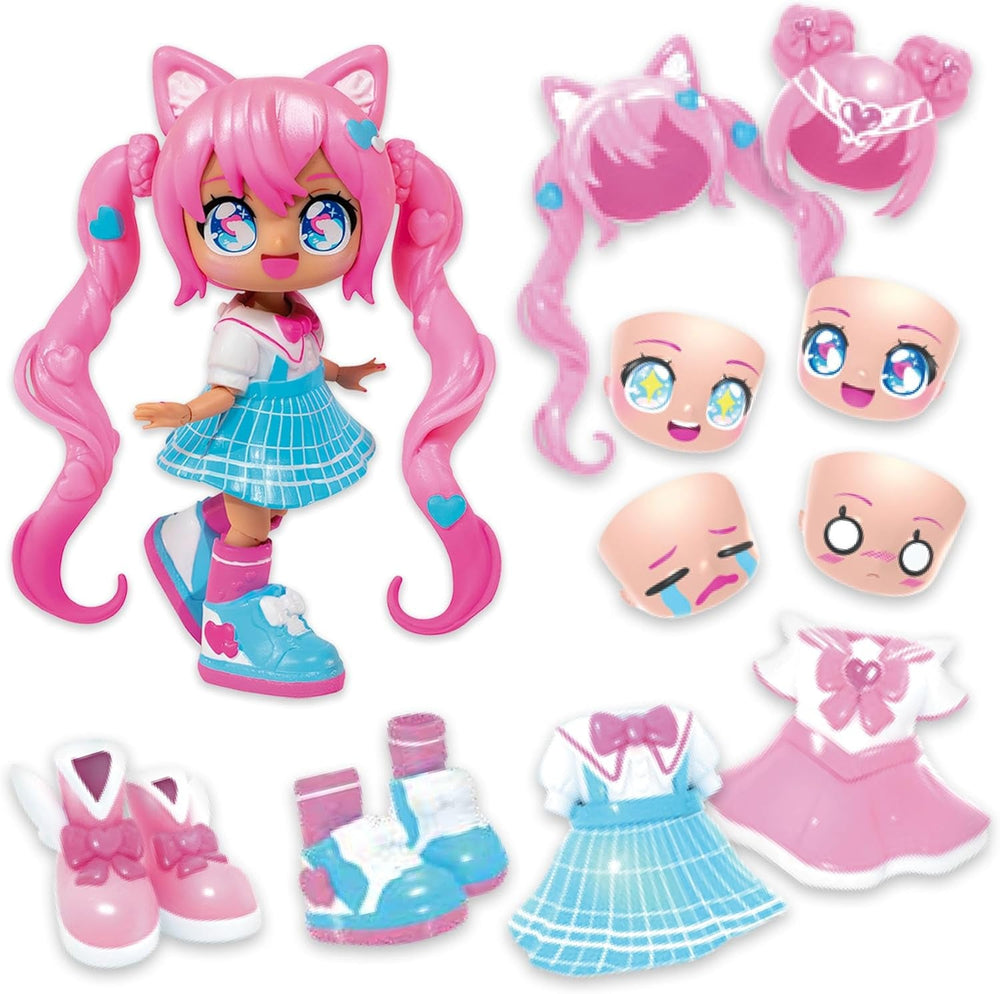 BANDAI - Animakii Einhorn und Fledermaus - Set Personalisierbare Puppen - 1 Puppe, 4 Gesichter, 2 Frisuren, 2 Outfits, 2 Paar Schuhe - Kreatives Spielzeug ab 5 Jahren - HEA26348