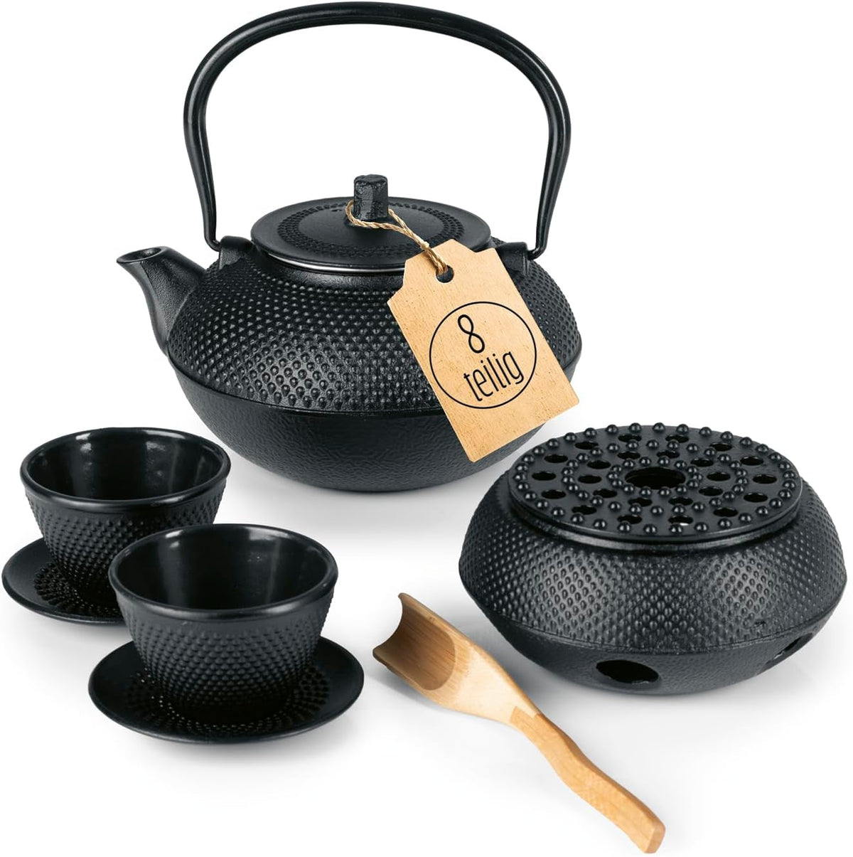 Set de ceai Lumaland cu 8 piese | Ceainic din fontă Tetsubin de 1,4 litri | Încălzitor din fontă | 2 cești de ceai și 2 farfurioare | Set de ceai japonez, inclusiv lingură de măsurat din bambus și infuzor din oțel inoxidabil