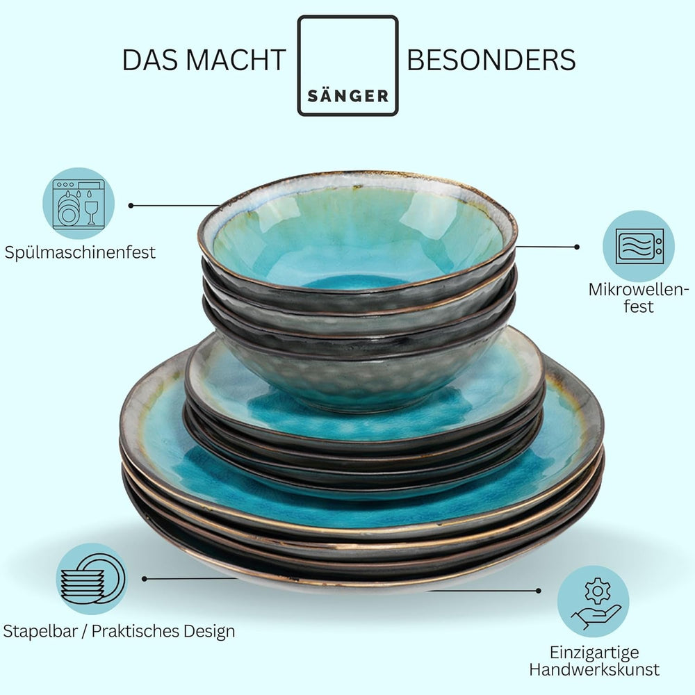 SÄNGER | Set de veselă Capri cu 12 piese, set de farfurii pentru 4 persoane, veselă din gresie, inclusiv farfurii de cină, farfurii de desert și farfurii de sumă, serviciu de cină turcoaz lucrat manual cu margine gri | COLECȚIA PREMIUM