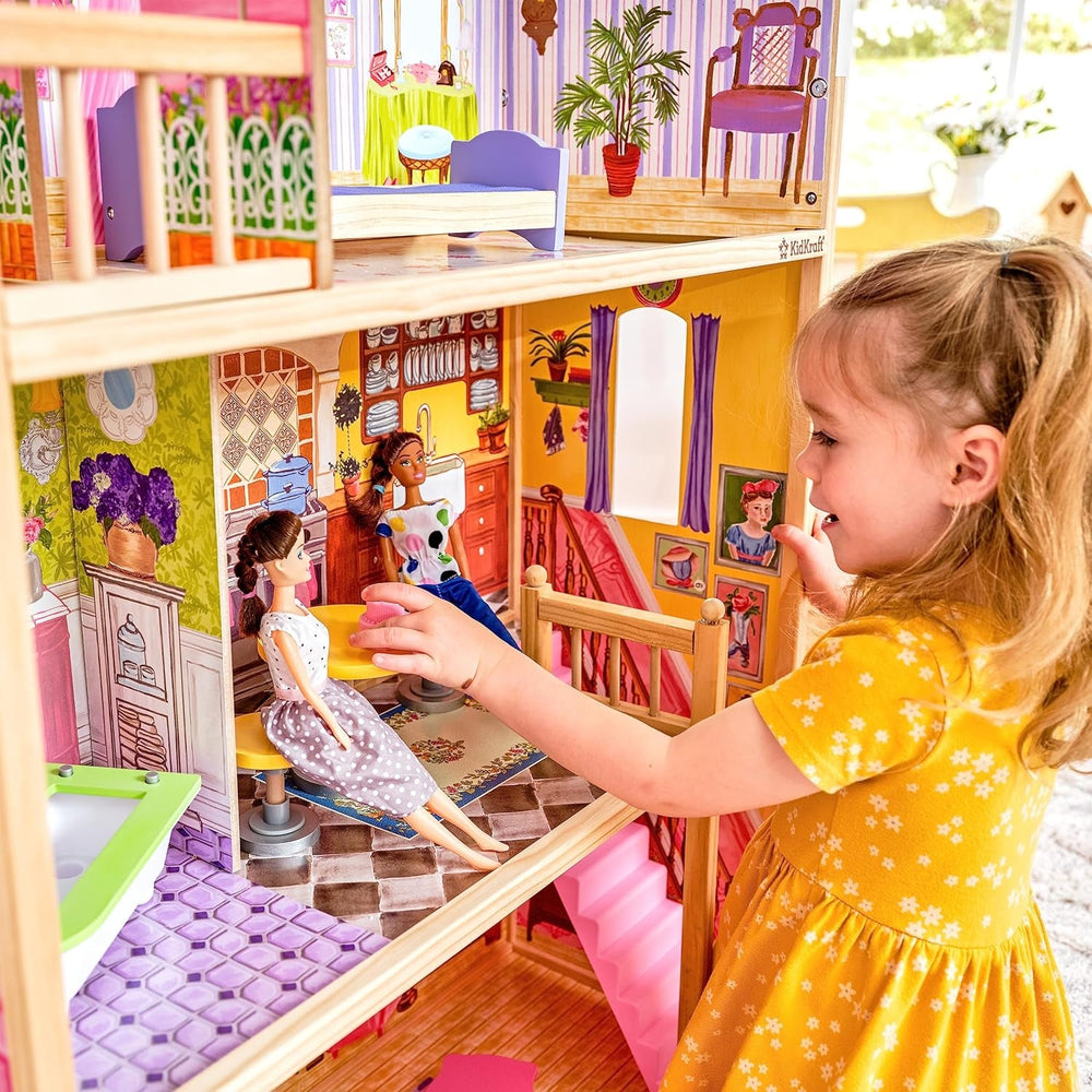 KidKraft Casă de păpuși Kayla din lemn cu mobilier și accesorii, set de joacă cu 3 niveluri pentru păpuși de 30 cm, jucărie pentru copii de la 3 ani în sus, 65092 - Exclusiv pe Amazon