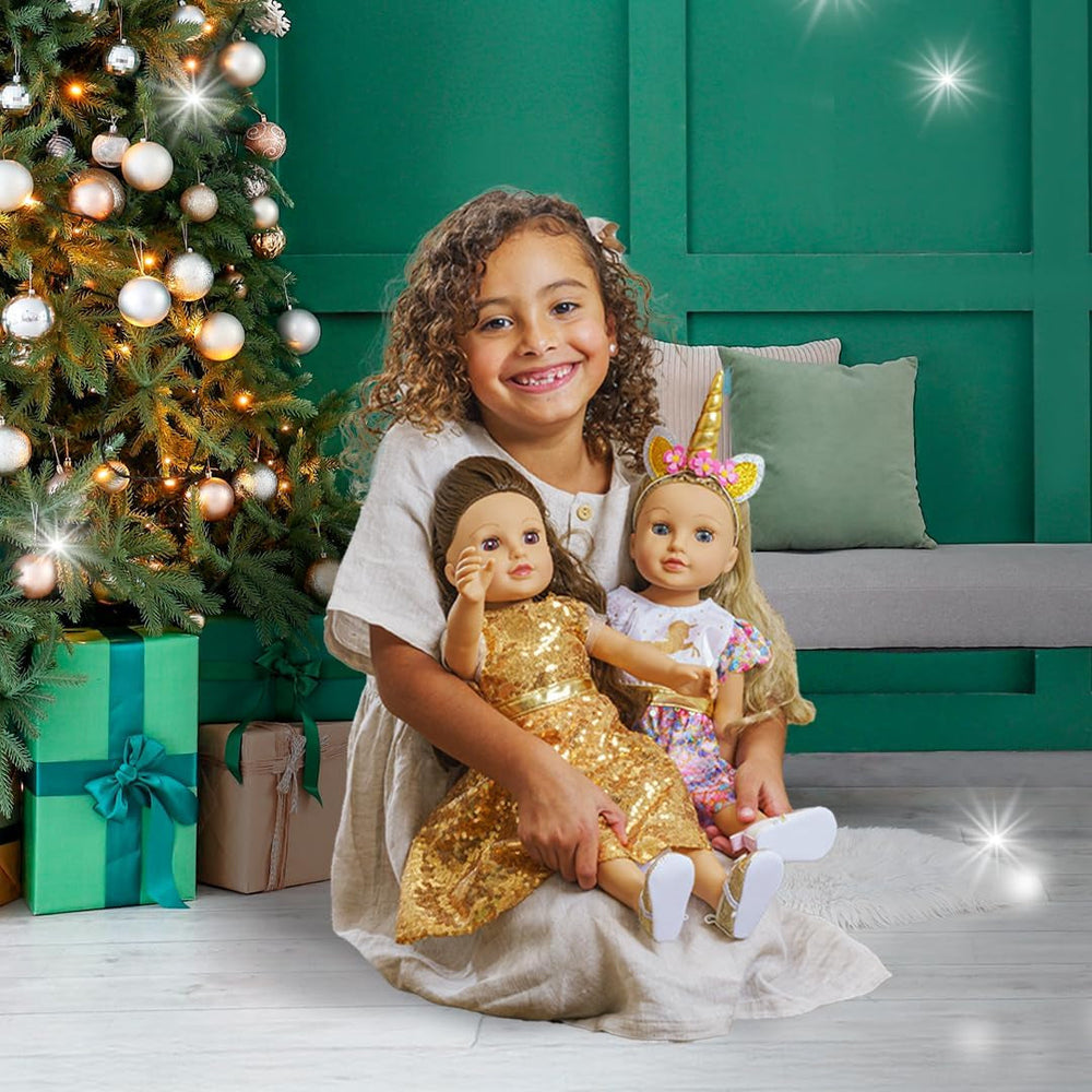Heless 2231 - Puppenkleidung im Design Einhorn Goldy, Glitzerkleid mit schimmernden Pailletten für Puppen und Kuscheltiere der Größe 35 - 45 cm