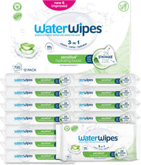 Șervețele umede WaterWipes Sensitive+ Hydrating Boost, șervețele hidratante, 720 bucăți (12 pachete), 3 în 1 curăță, îngrijește, hidratează, 99% apă cu aloe vera, șervețele umede fără parfum pentru bebeluși