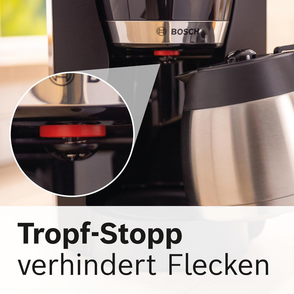 Espressor cu filtru Bosch MyMoment TKA6M273, carafă termică de 1L, pentru 8-12 cești, sistem anti-picurare, suport pentru filtru rotativ, program de detartrare, rezervor de apă detașabil, 1200 wați, negru mat