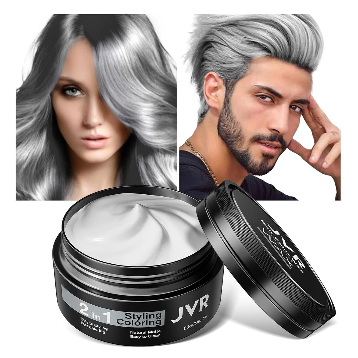 JVR Ceară de păr temporară 80g, ceară de păr lavabilă pentru copii femei bărbați, coafură naturală mată pentru petreceri, cosplay, Halloween, Crăciun, mascaradă, DIY (gri, 80g) Vopsea pentru par Naty Shop Gri 50 G (1 pachet)