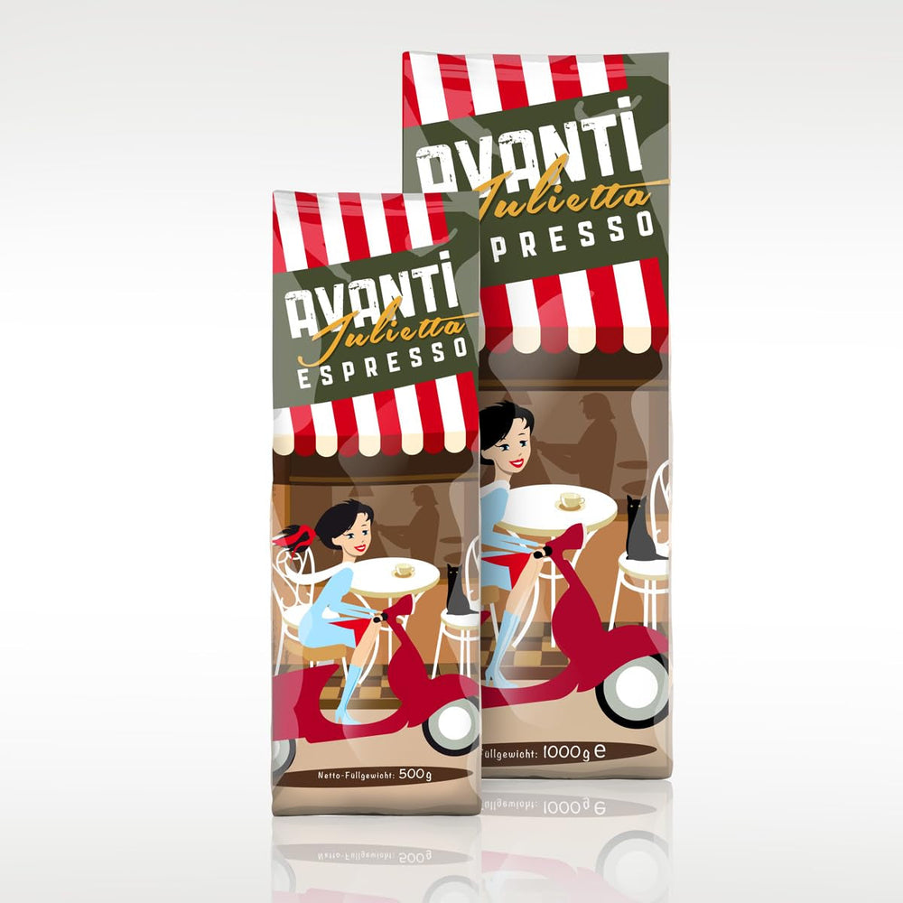 Boabe de cafea AVANTI Julietta Espresso, 500g, 70% Arabica 30% Robusta, prăjire tradițională în tambur