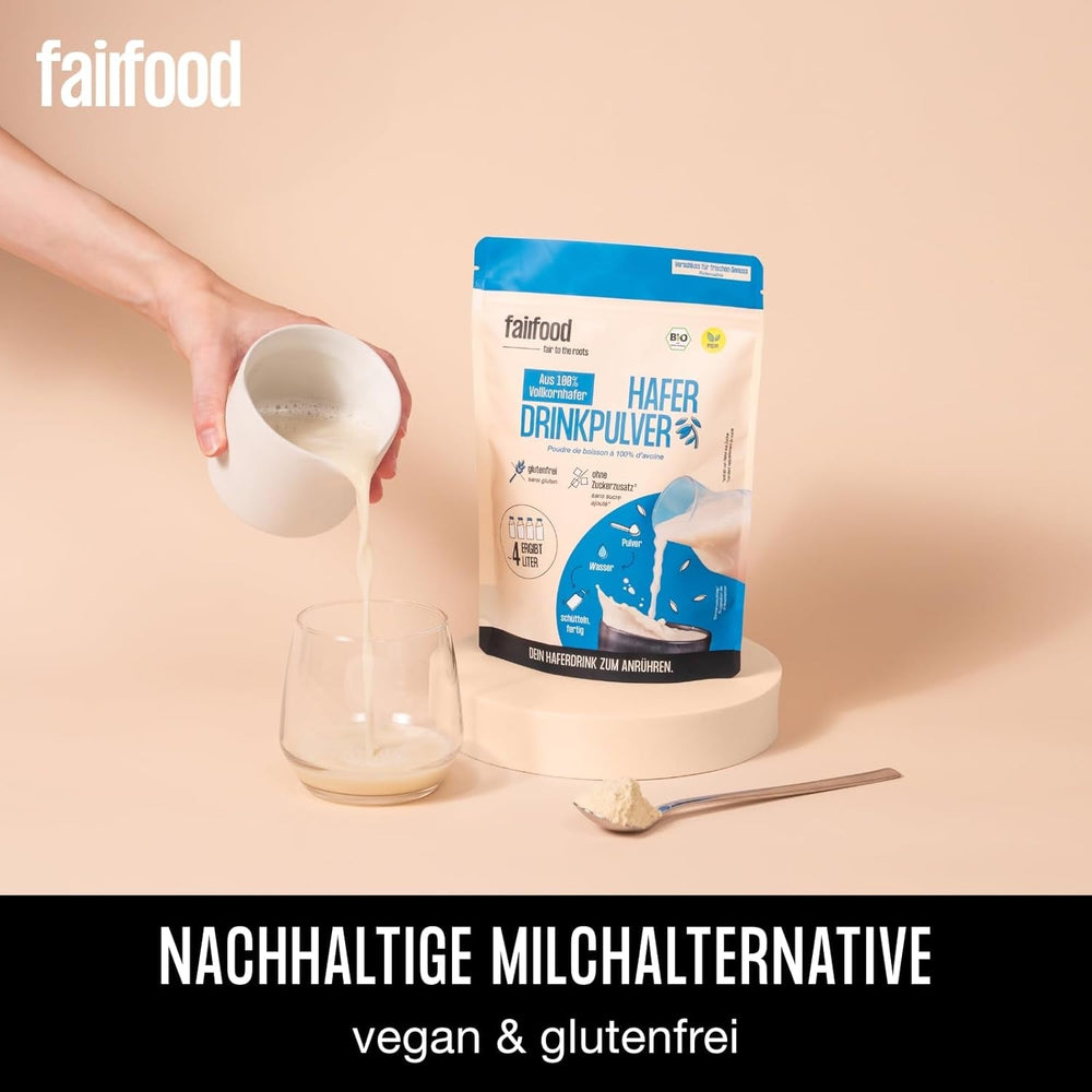 fairfood Bio Haferdrink Pulver 360g - nachhaltige Milchalternative - vegan, glutenfrei & ohne Öl - bis zu 4L Haferdrink - zum Selbermischen - 100% Bio-Vollkornhafer
