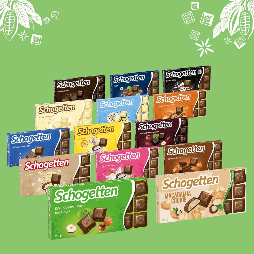Ciocolată cu lapte alpină premium Schogetten cu alune, tabletă de ciocolată de 100 g, porționată individual. O încântare. Bucată cu bucată.