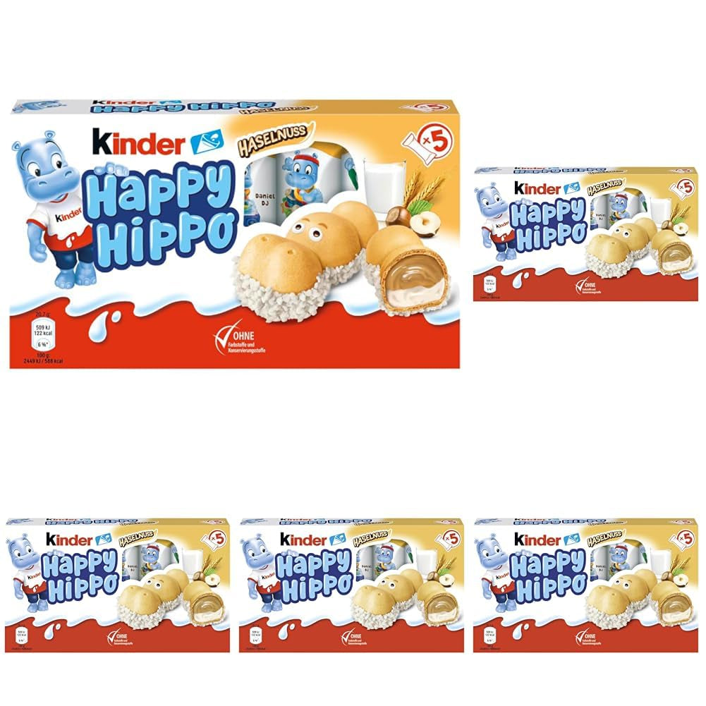 Kinder Happy Hippo Hazelnut – Specialitate crocantă de napolitane cu lapte și cremă de alune – Dulciuri pentru Carnaval și Mardi Gras – 1 pachet conținând 5 batoane individuale a câte 20,7 g fiecare