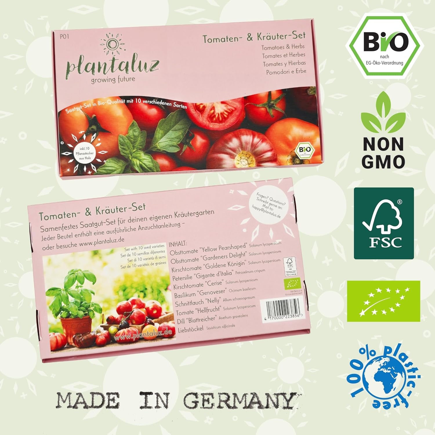 Plantaluz Bio Premium Saatgut Set – 10 Sorten Tomaten & Kräuter Samen – Samenfeste Bio-Qualität Für Garten & Balkon – Liebevolle Geschenkidee Inkl. Beschriftbarer Pflanzenstecker