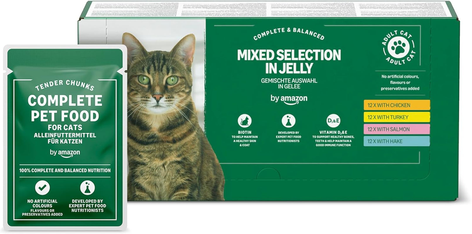Hrană umedă pentru pisici de la Amazon, fără cereale, pentru pisici adulte, selecție mixtă în jeleu, 4,8 kg (48 de pachete a câte 100 g fiecare)