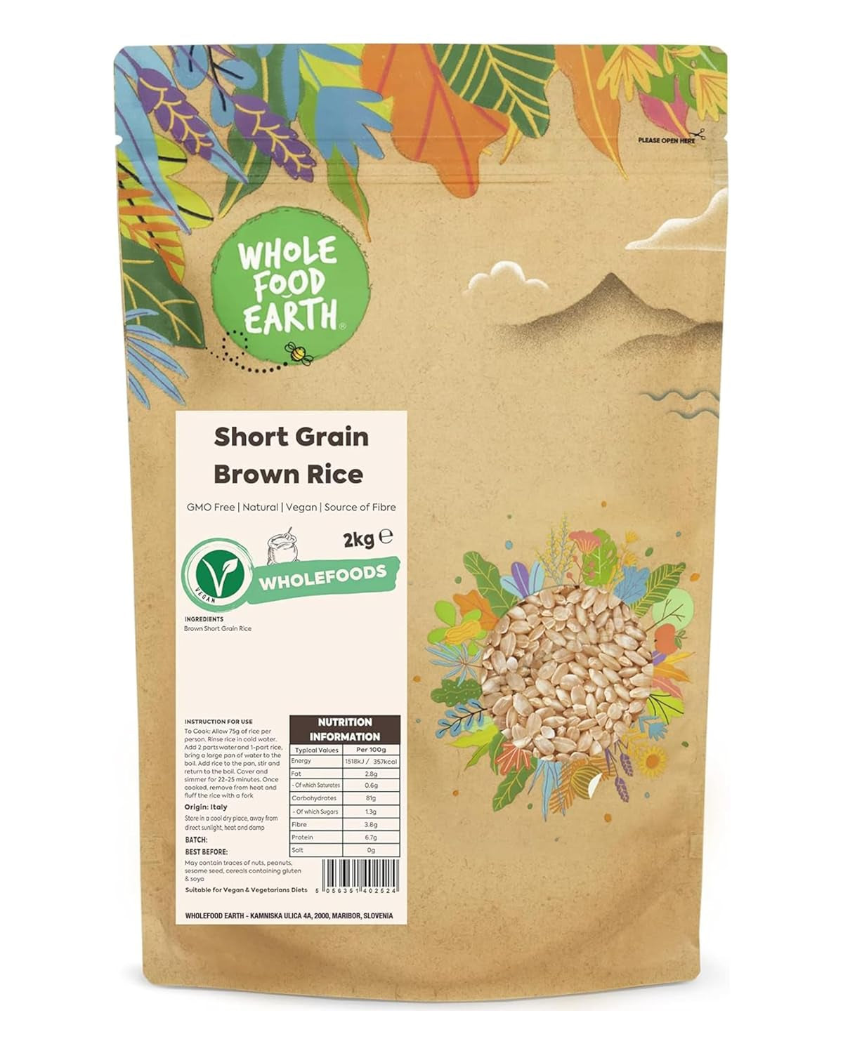 Orez brun cu bob scurt Wholefood Earth - fără OMG - natural - vegan - fără lactate - fără zahăr adăugat, 2 kg