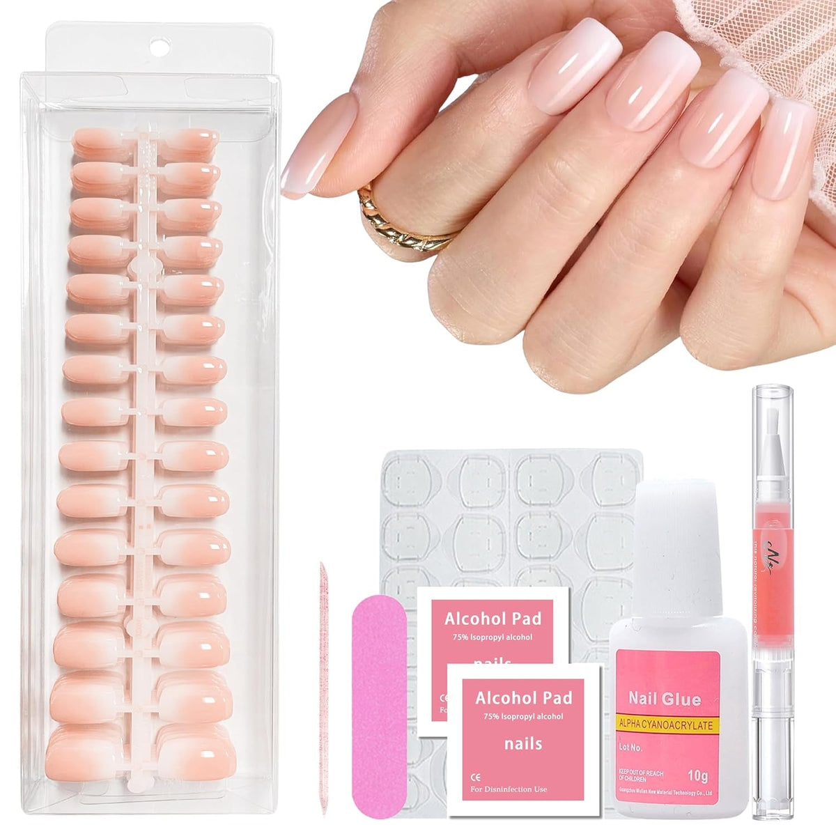 Set 240 de bucăți de unghii pătrate cu gradient, unghii artificiale alb nud cu gradient pentru lipire cu stilou cu ulei, unghii false naturale medii ombre pentru femei DIY (Nude Square)