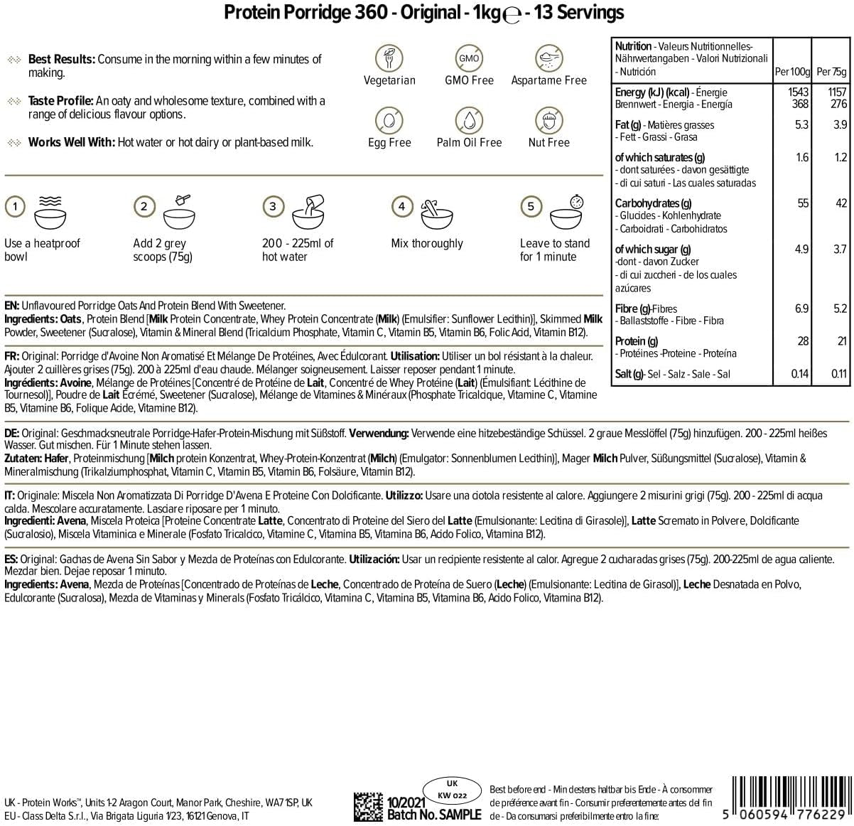 Protein Works - Protein Porridge 360 | Mit Zusätzlichen Vitaminen & Mineralien | Proteinreiches Frühstück | Kalorienarme Haferflocken | 13 Servings | Natürlich | 1Kg Cereale Naty Shop
