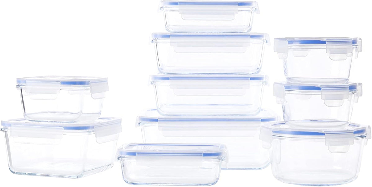 Amazon Basics recipiente de sticlă pentru alimente, cu capac, pachet de 20 (10 recipiente + 10 capace), fără BPA, albastru transparent Cutii depozitare alimente Naty Shop 20 Singur