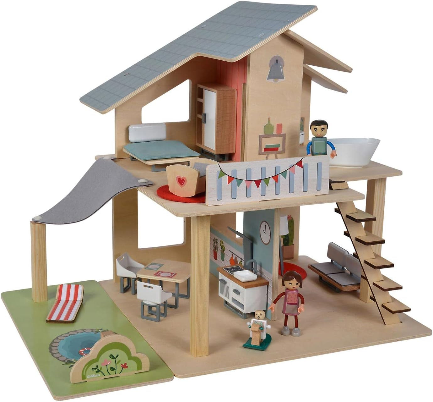 Eichhorn - Casă de păpuși cu accesorii - Incl. mobilier și 3 figurine, Neasamblat, Fabricat din lemn, 25 de piese, 53X36X44 cm mare, De la TREI ani Casute de papusi Naty Shop Titlu implicit