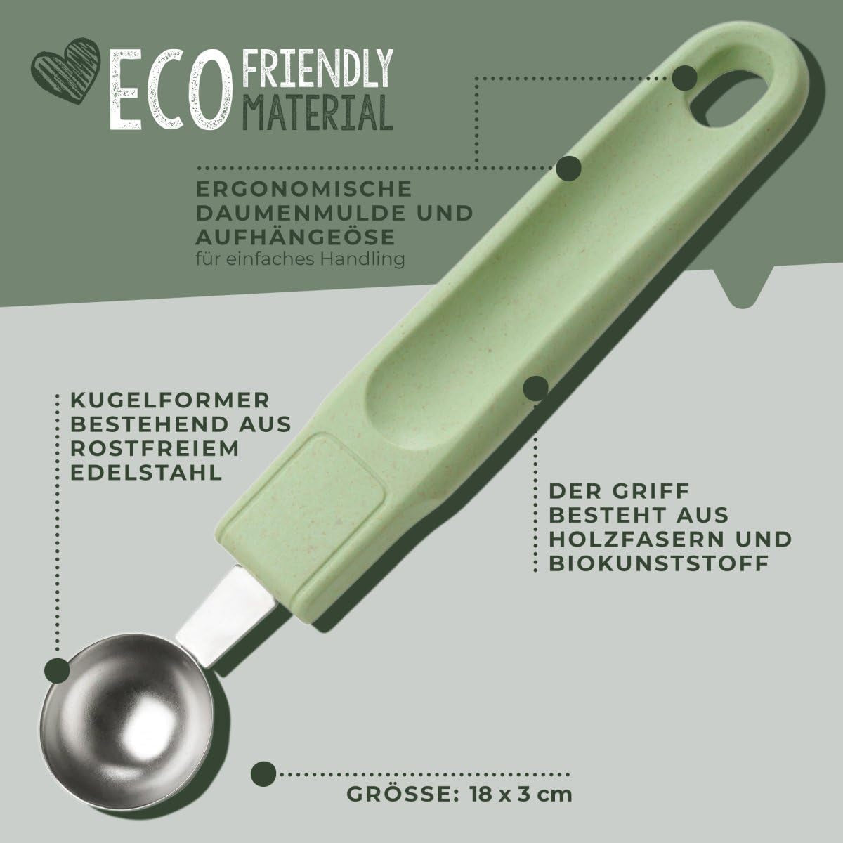 Fackelmann Ecolution Baller – Modelator de fructe și unt din fibre de lemn, bioplastic și oțel inoxidabil – Lingură pariziană de 18 x 3 cm, verde mentă