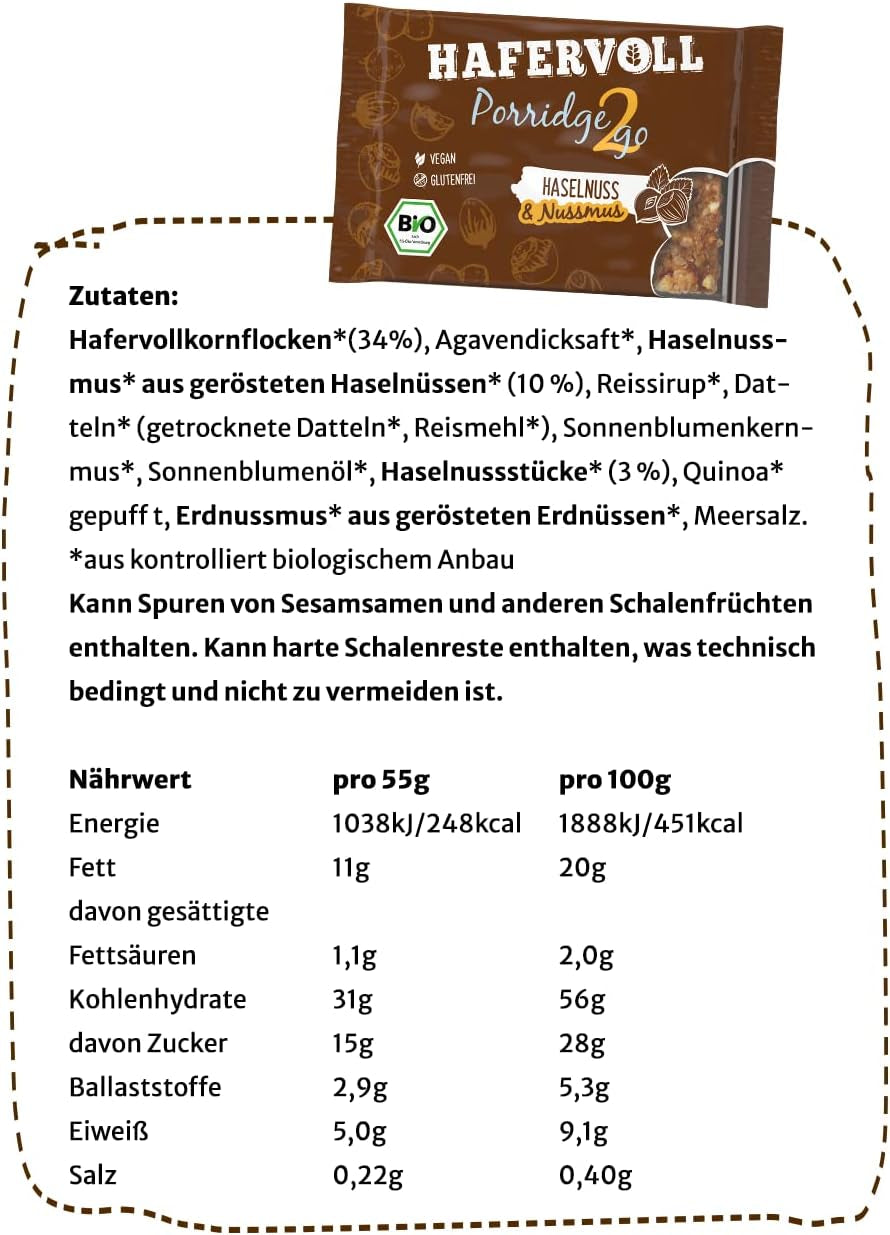 Hafervoll Porridge2go Unt de alune și nuci, 13 batoane x 55g - Vegan, Organic, Fără gluten, Gustare fără zahăr adăugat, cu ovăz, curmale și bomboane de quinoa