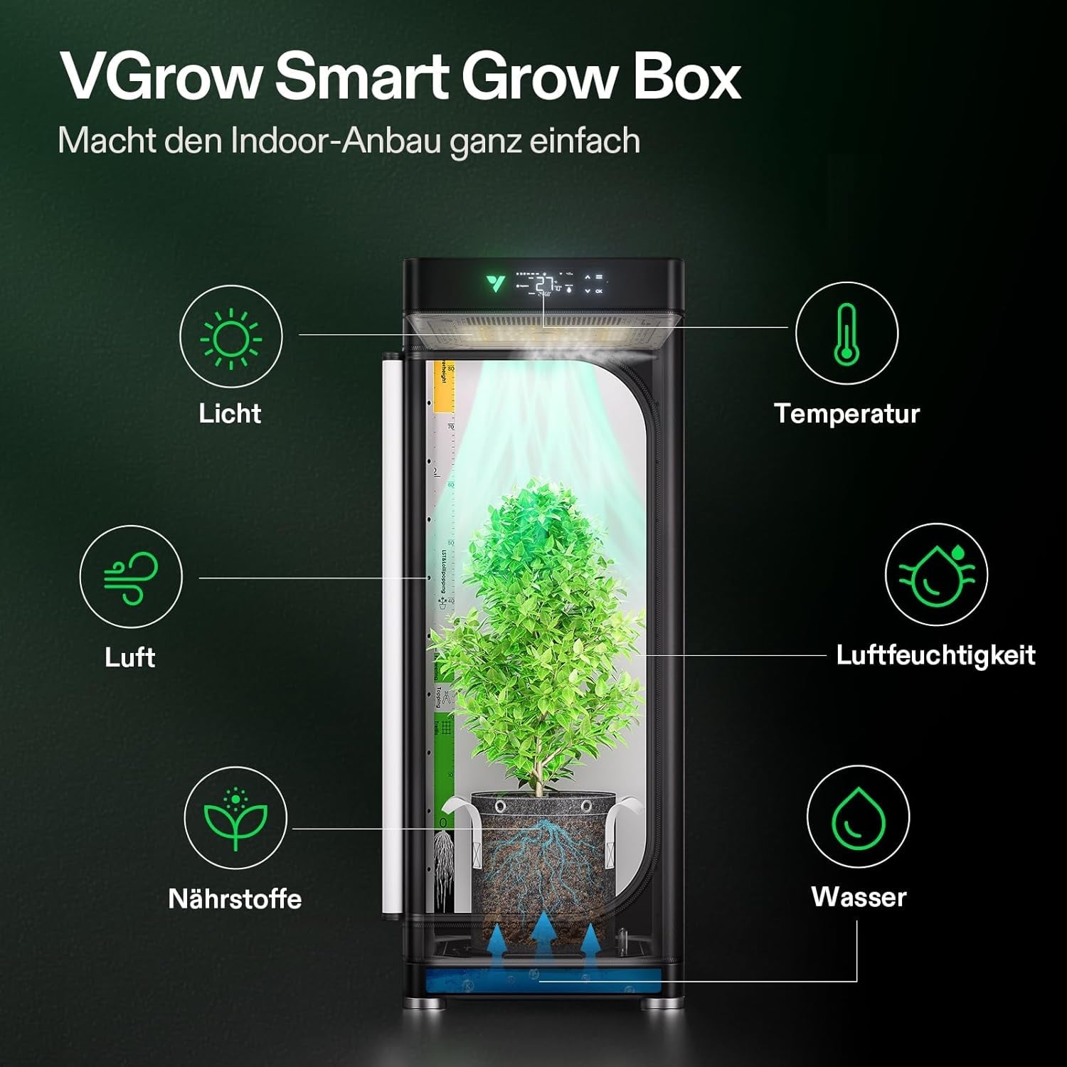 Cutie de creștere inteligentă VGrow All-in-One, sistem profesional cu lampă de creștere Samsung LM301H EVO, sistem avansat de circulație și ventilație, irigare, alimentare cu nutrienți pentru hidroponie de interior