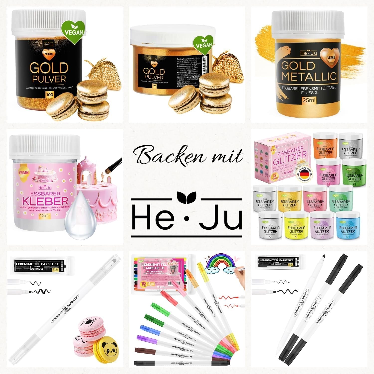 Pudră de aur comestibilă He-Ju 10g, vegană și fără E171, colorant alimentar auriu, sclipici comestibil pentru băuturi și alimente