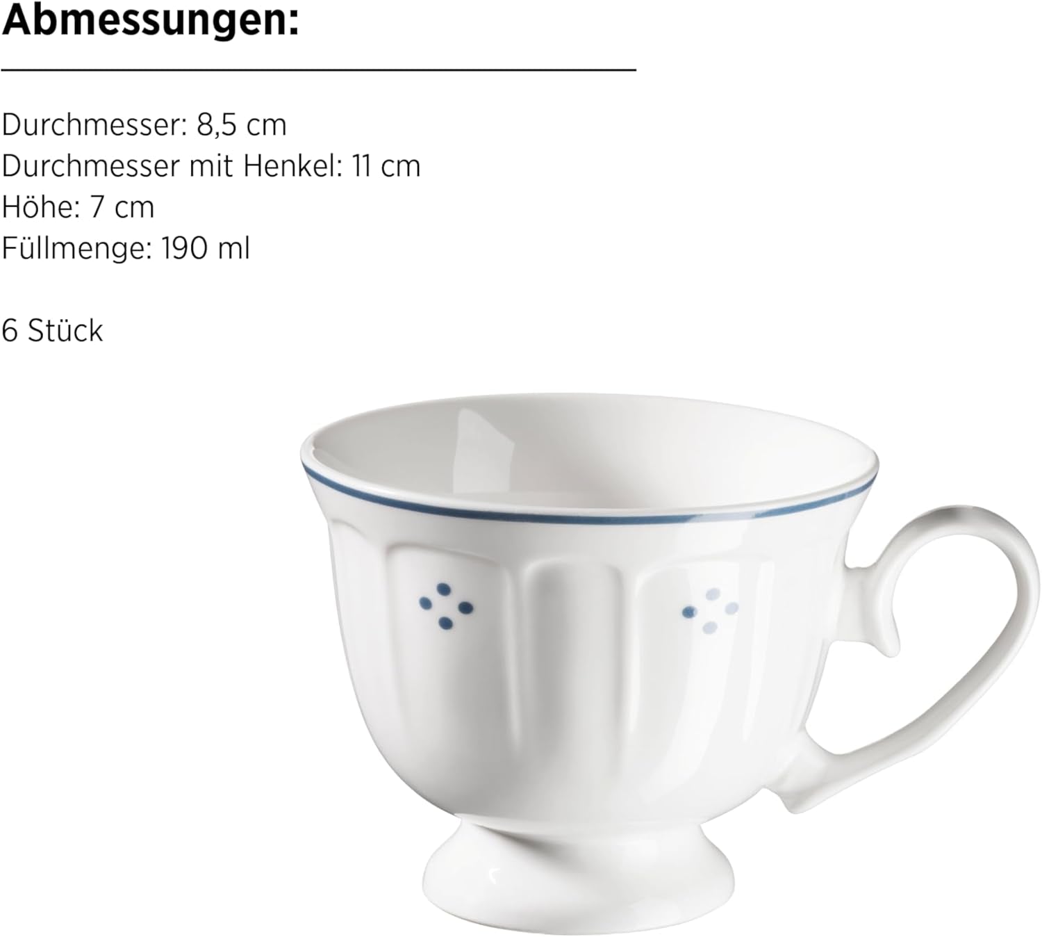 Seria Mäser Lova, serviciu de cafea din porțelan cu 18 piese – 6 farfurii de desert (19,5 cm), 6 cești (19 cl) și 6 farfurioare (15,5 cm), albastru