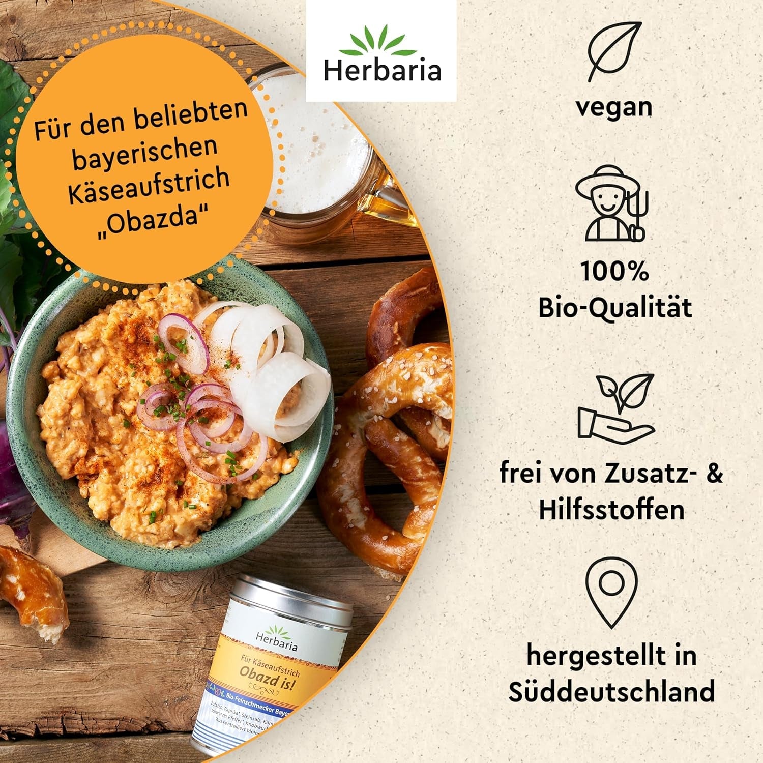 Herbaria Obazd is! bio 90g M-Dose – Bio-Gewürzmischung bayerischen Biergartenklassiker Obazda – für Brotaufstriche, Käsegerichte, Käsefondue – Raclette Gewürz - in nachhaltiger Aromaschutz-Dose