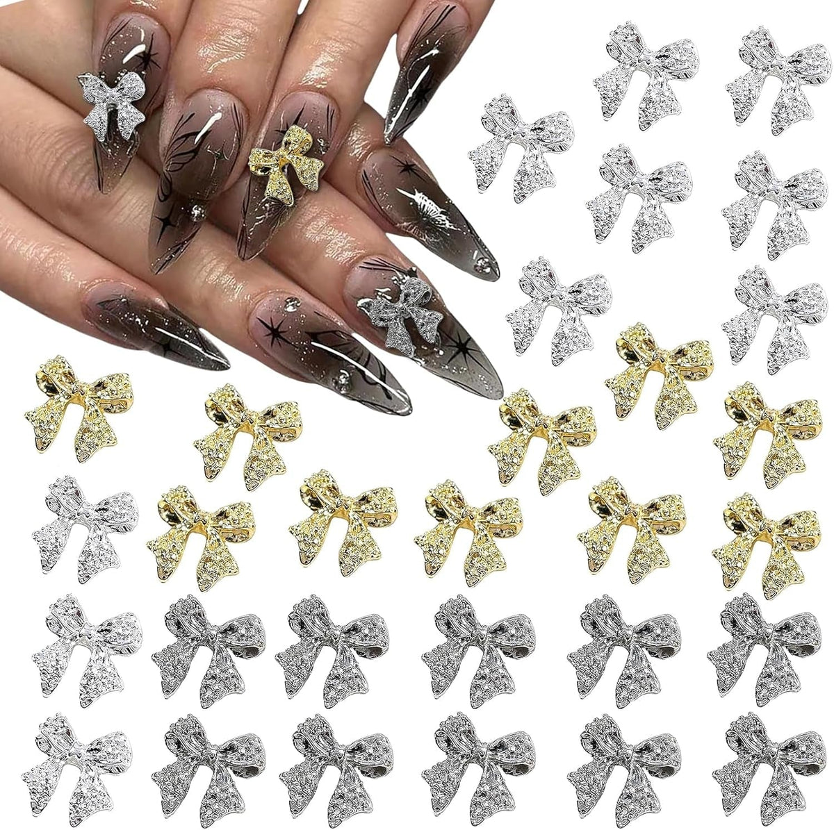 30 de bucăți de funde metalice pentru unghii, funde aurii, argintii și gri, accesorii pentru unghii, decorațiuni pentru unghii pentru femei și fete, design de unghii artizanal