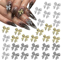 30 de bucăți de funde metalice pentru unghii, funde aurii, argintii și gri, accesorii pentru unghii, decorațiuni pentru unghii pentru femei și fete, design de unghii artizanal