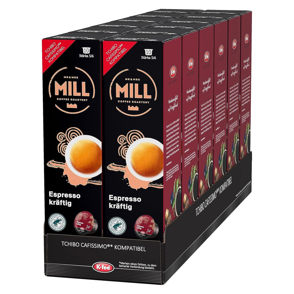 Mr & Mrs Mill Espresso kräftig, kompatibel mit K-fee & Tchibo Cafissimo*, Stärke 5/6, 120 Kaffeekapseln