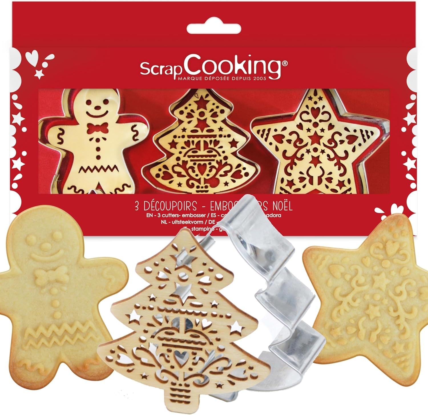 Set de copt SCRAP COOKING 2093 cu tăietor de pisici din oțel inoxidabil și aparat de vafe din lemn, potrivit pentru contactul cu alimentele, Crăciun