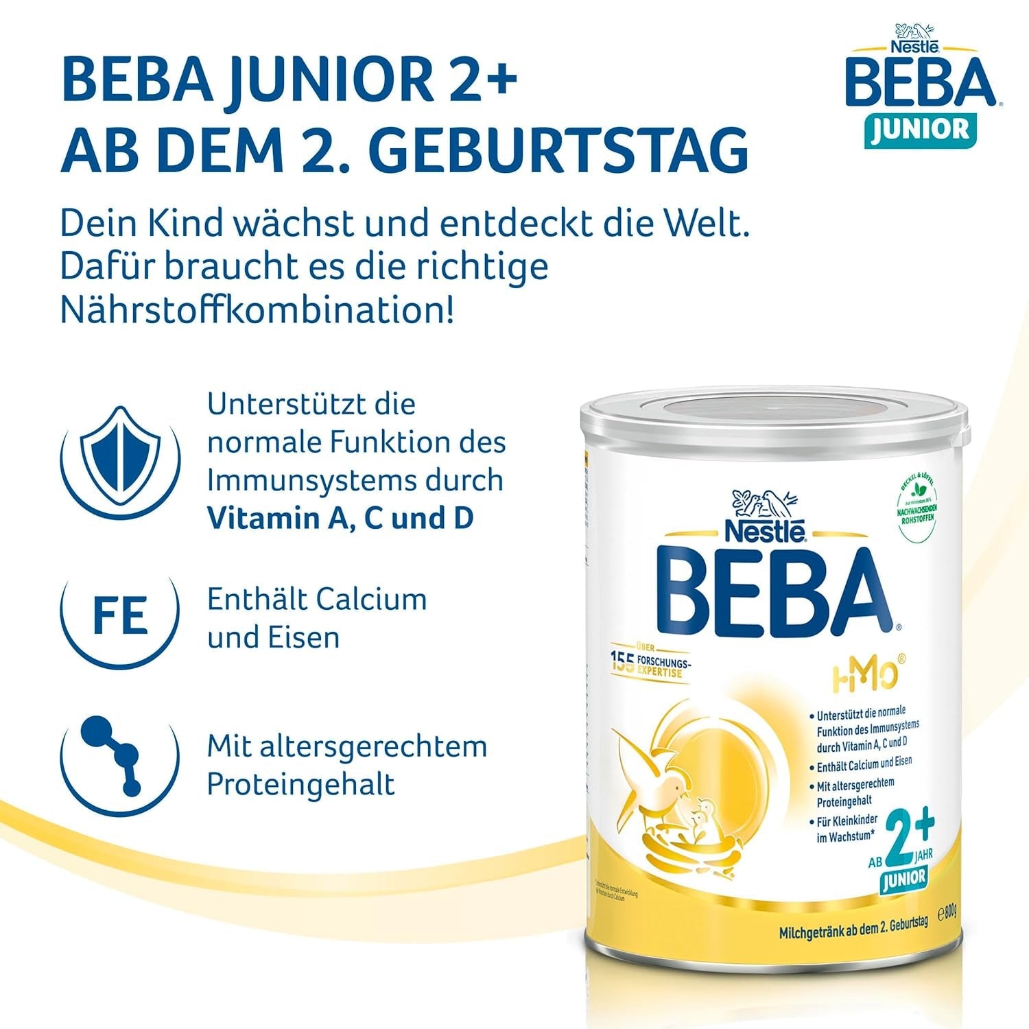 Băutură cu lapte BEBA Junior 2+ de la 2 ani, Cu HMO, Conținut de proteine adaptat vârstei, Numai lactoză, Fără ulei de palmier, Fără ulei de pește, Hrană pentru copii mici, Lapte praf pentru bebeluși, Pachet de 3 (3 x 800g)