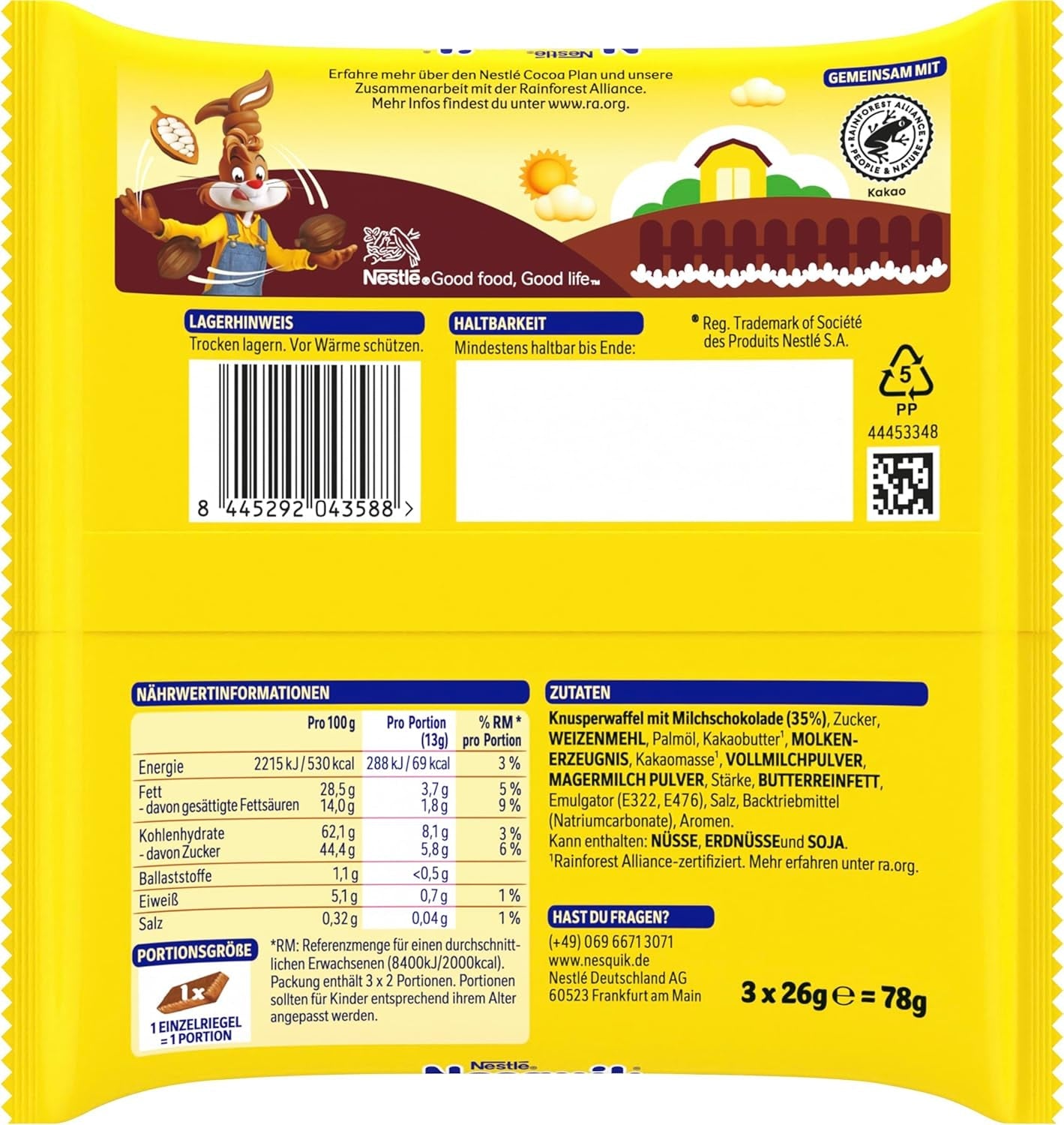 Vafă crocantă Nestlé, delicioasă bară de vafe cu ciocolată cu lapte, pachet multiplu, pachet de 1 (3x26g fiecare)