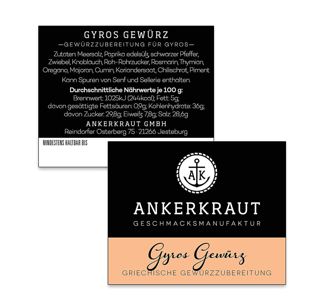 Ankerkraut Gyros, Gewürzmischung für Gyros, egal ob aus der Pfanne oder vom Grill, mit Zwiebel, Knoblauch, Majoran, Cumin, Piment und mehr, 80 g im Korkenglas