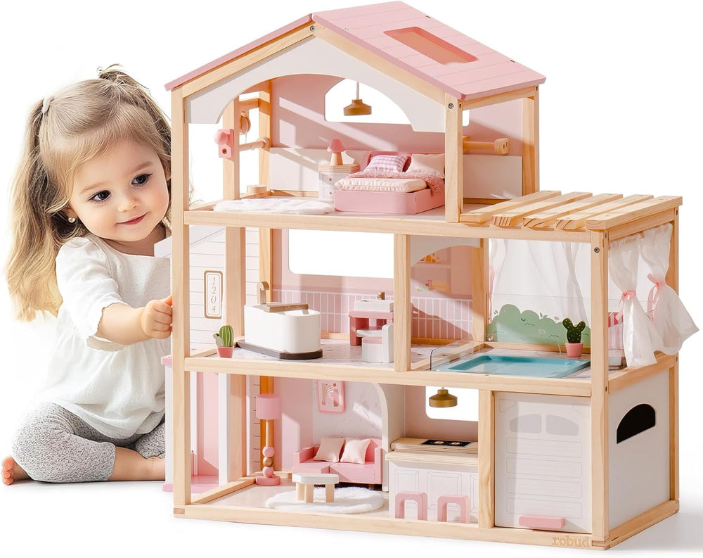ROBUD Casă de păpuși din lemn, vilă pentru păpuși cu mobilier, cu lift, garaj, pavilion și piscină, cadou pentru copii cu vârsta de 3, 4, 5, 6 ani și peste, roz