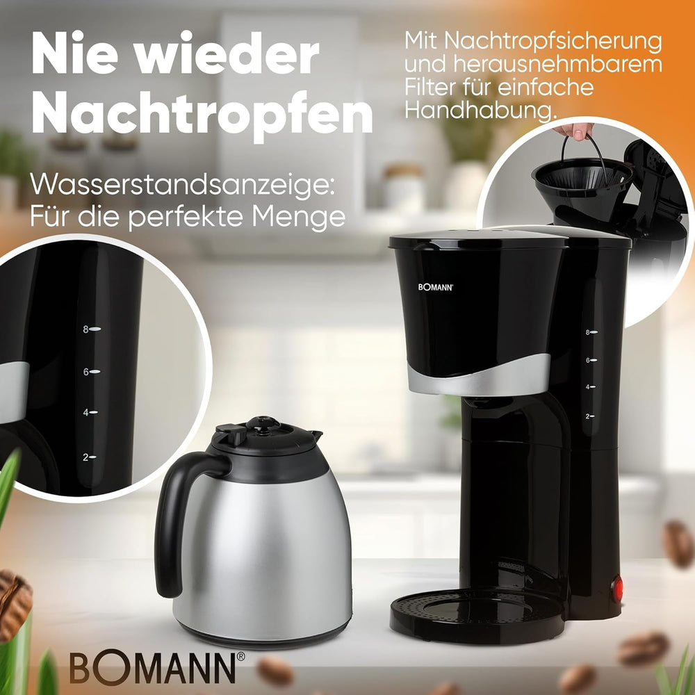 Cafetieră Bomann® cu termos | pentru 8-10 cești de cafea | fără pierderi de temperatură | cafetieră cu filtru | 1 litru | Espressor | Cafetieră cu filtru cu termos | KA 168 negru