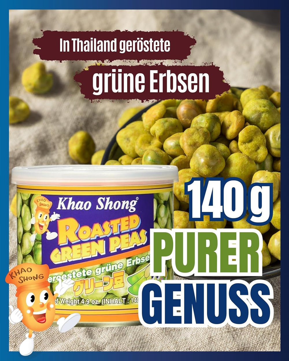 Mazăre verde prăjită Khao Shong cu wasabi, mazăre crocantă într-un aluat picant, o alternativă cu conținut scăzut de grăsimi la nuci, iuțeală medie, 1 conservă de 140 g | 140 g (1 pachet)