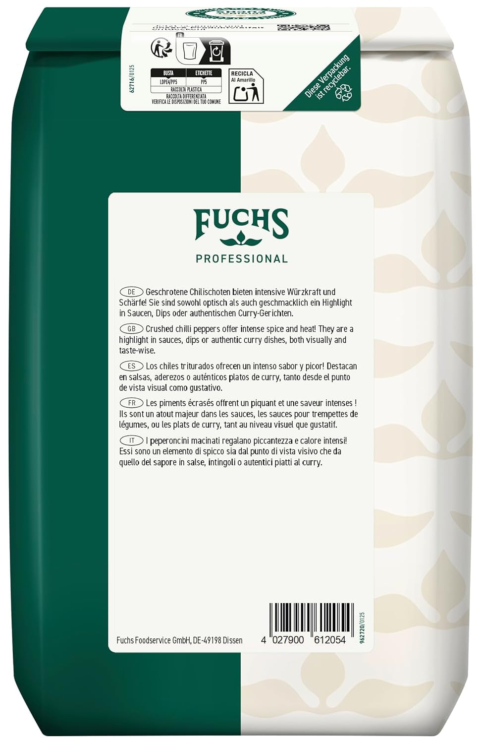 Fuchs Professional - Chilis geschroten | Verleiht Chili con Carne die richtige Schärfe | Profi-Qualität für Großverbraucher | 0,7 kg im recyclebaren Beutel