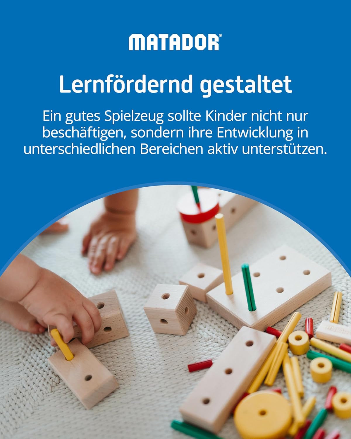 Matador Kinder Baukasten ab 3 Jahren 34-tlg. - Spannendes Holz Konstruktionsspielzeug zur Schulung von Kreativität und Feinmotorik, Bauspielzeug mit Stäbchen, Klötzen, Hammer & Zange