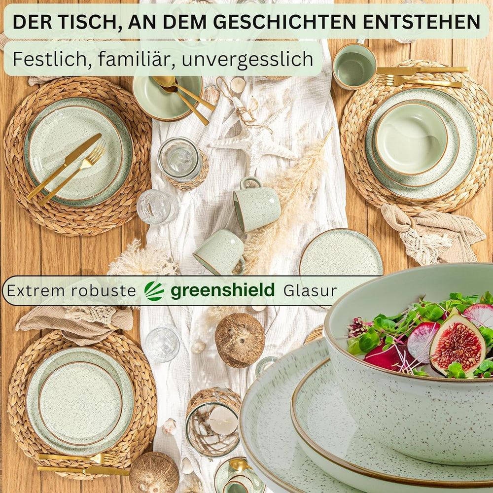 SÄNGER Rio Mint | Set de veselă din gresie pentru 6 persoane, 6 farfurii, 6 farfurii de desert, 6 boluri, verde mentă | COLECȚIA VALUE
