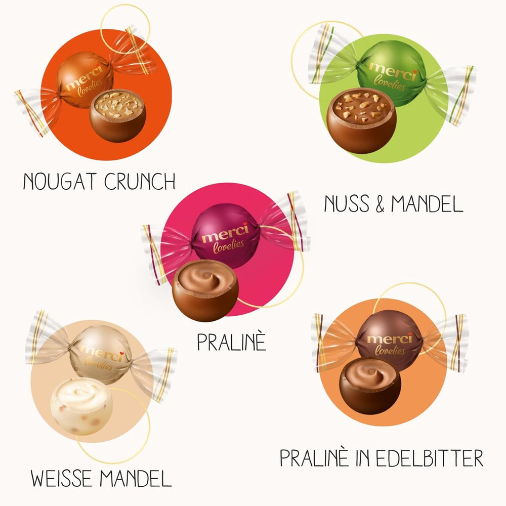 merci lovelies Classic – 1 x 185 g – Cutie de praline cu 5 specialități de ciocolată umplute – Bile de ciocolată pentru a fi împărțite și oferite cadou