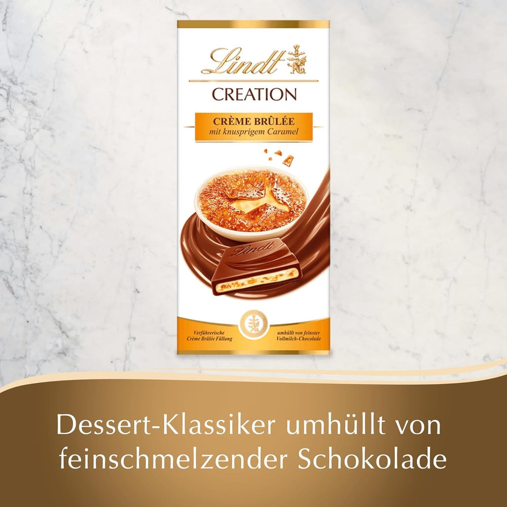 Baton Crème Brûlée Lindt Chocolate Creation | Umplutură Crème Brûlée cu caramel crocant, acoperită cu cea mai fină ciocolată cu lapte | Baton de ciocolată | Cadou de ciocolată, 150g
